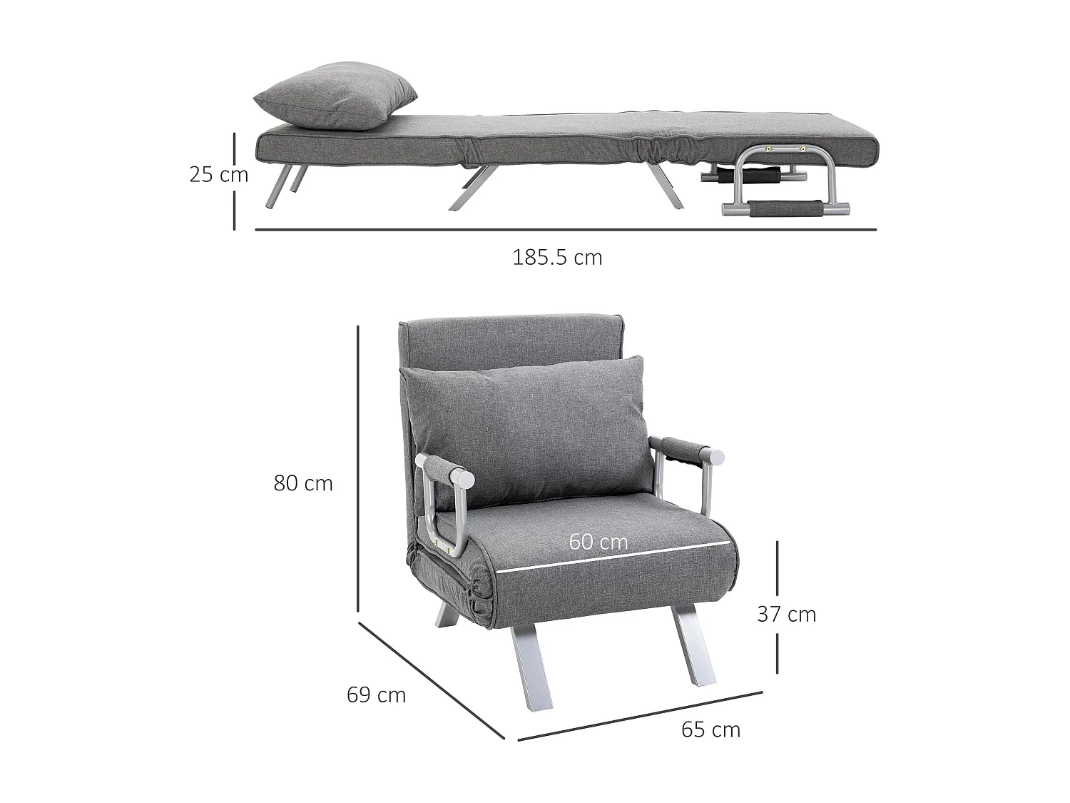 Poltrona letto singolo con schienale regolabile a 5 livelli grigio