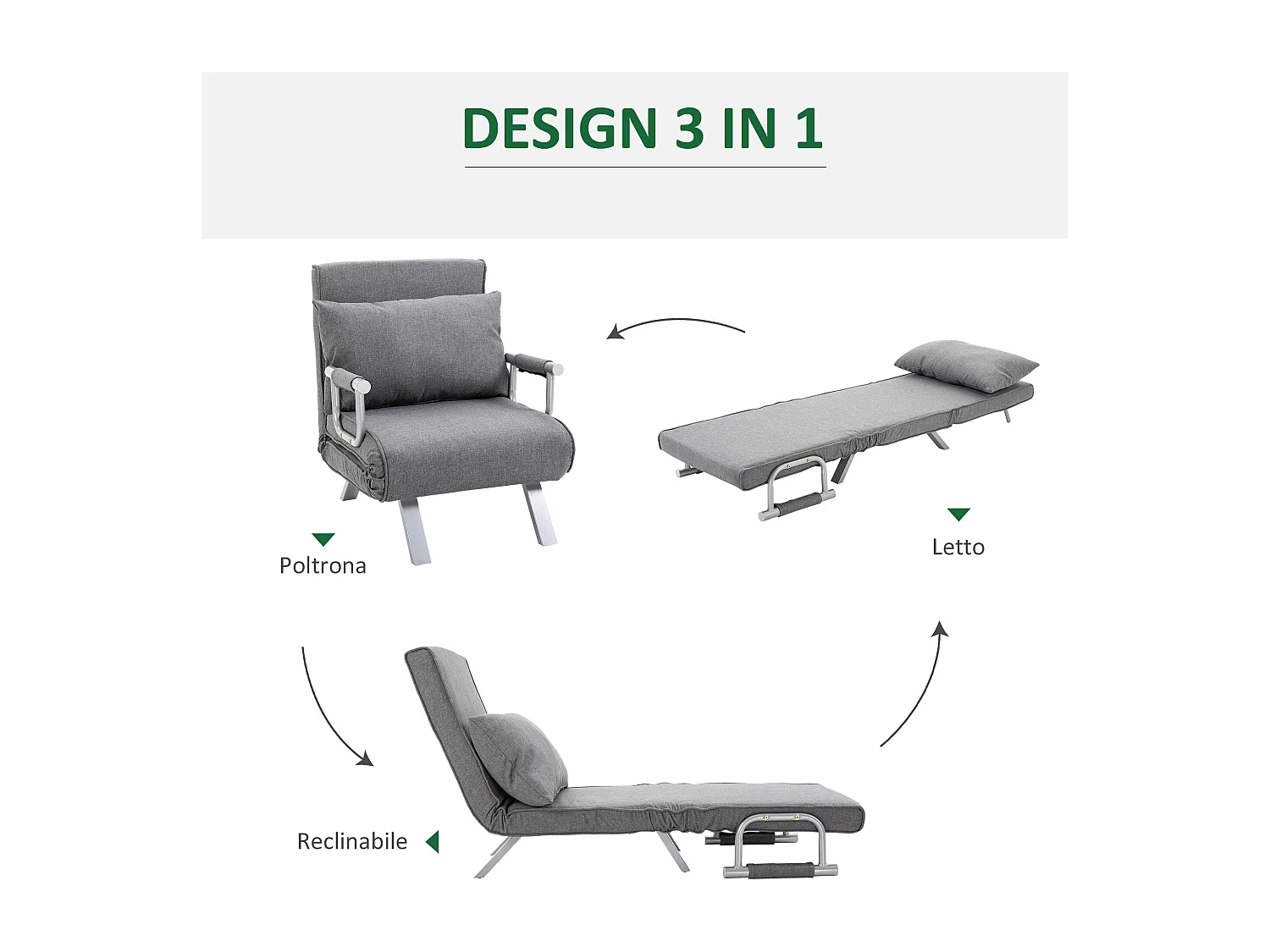 Poltrona letto singolo con schienale regolabile a 5 livelli grigio
