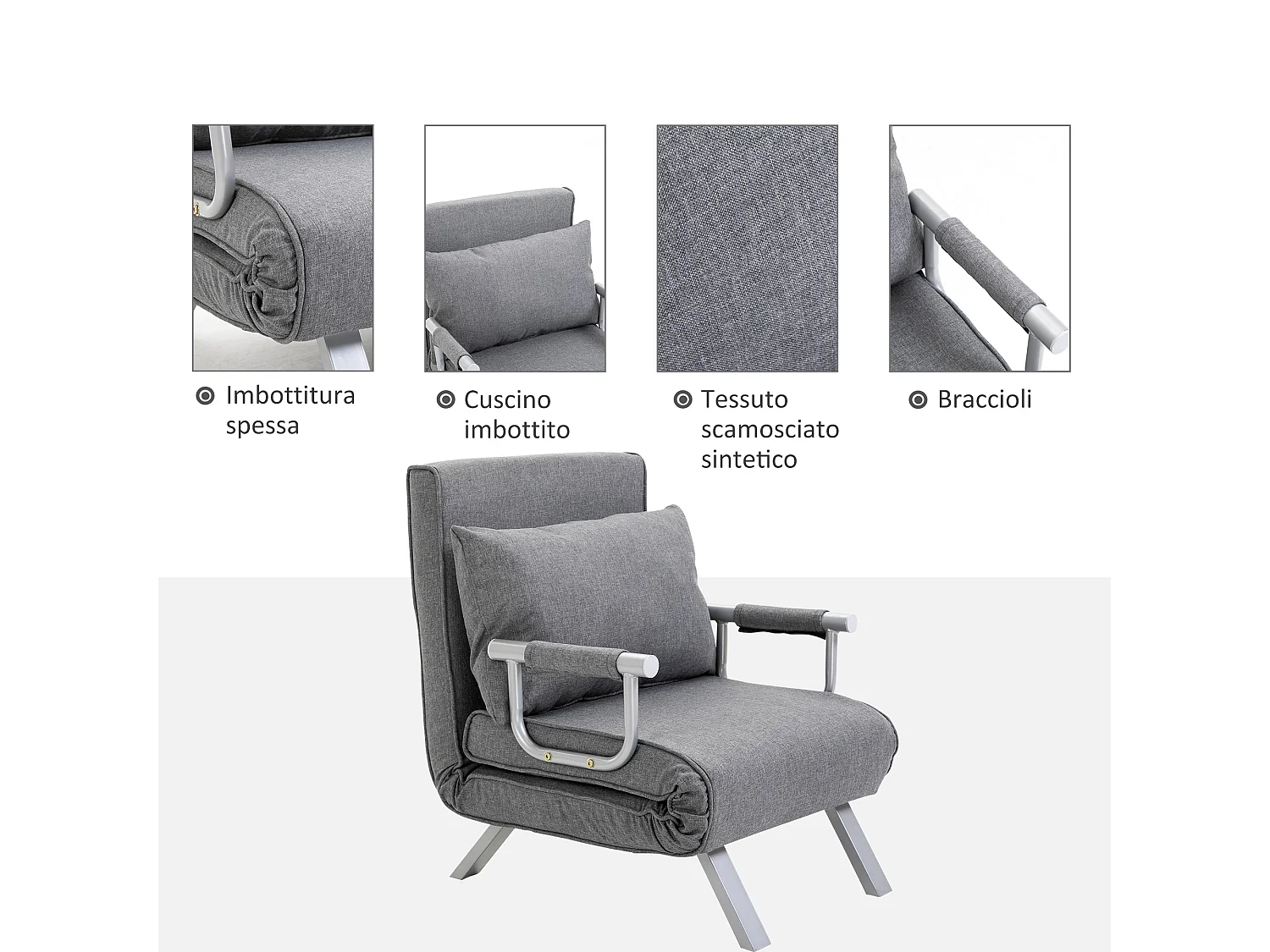 Poltrona letto singolo con schienale regolabile a 5 livelli grigio