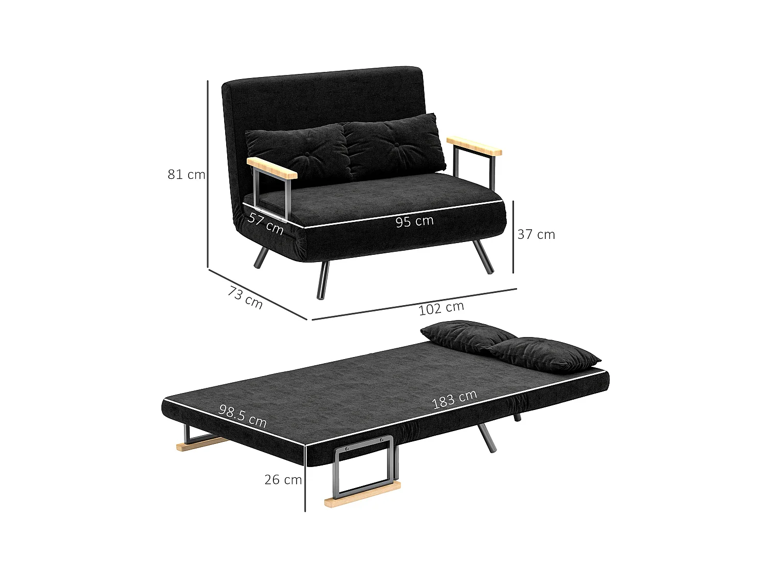 Divano letto 3 in 1 vellutato con schienale regolabile 5 livelli nero