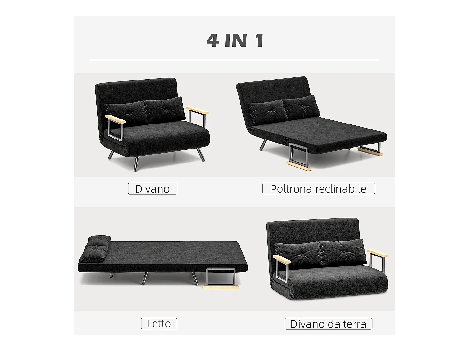 Divano letto 3 in 1 vellutato con schienale regolabile 5 livelli nero