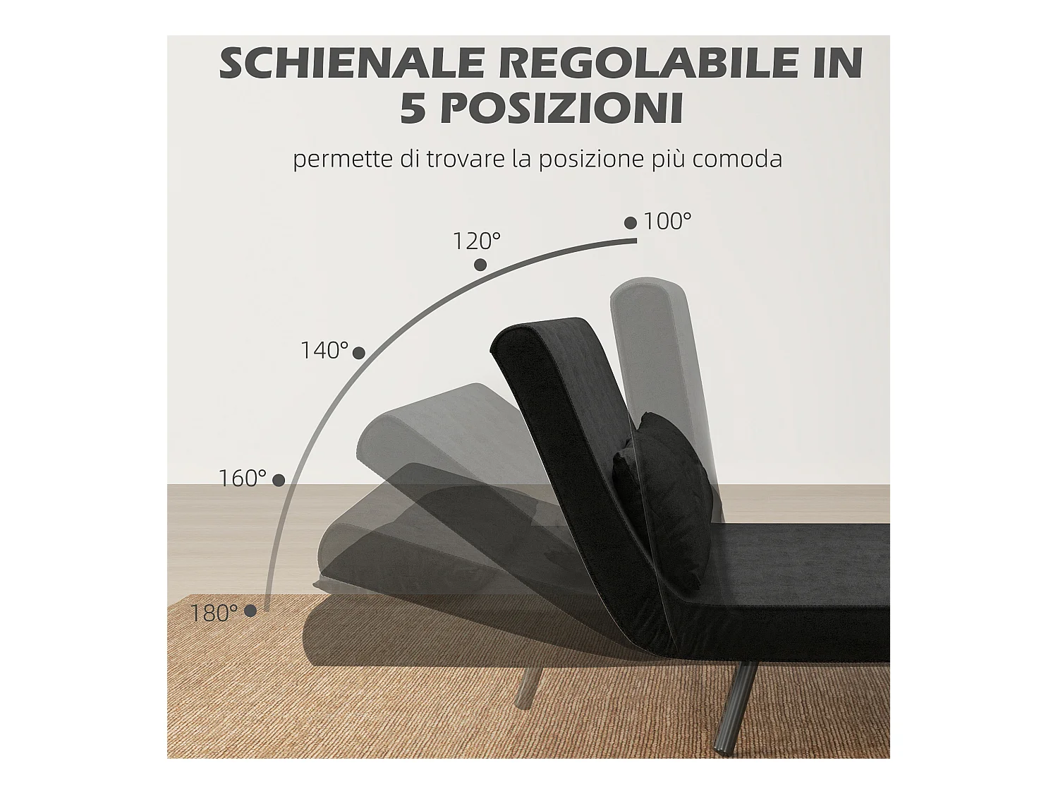 Divano letto 3 in 1 vellutato con schienale regolabile 5 livelli nero