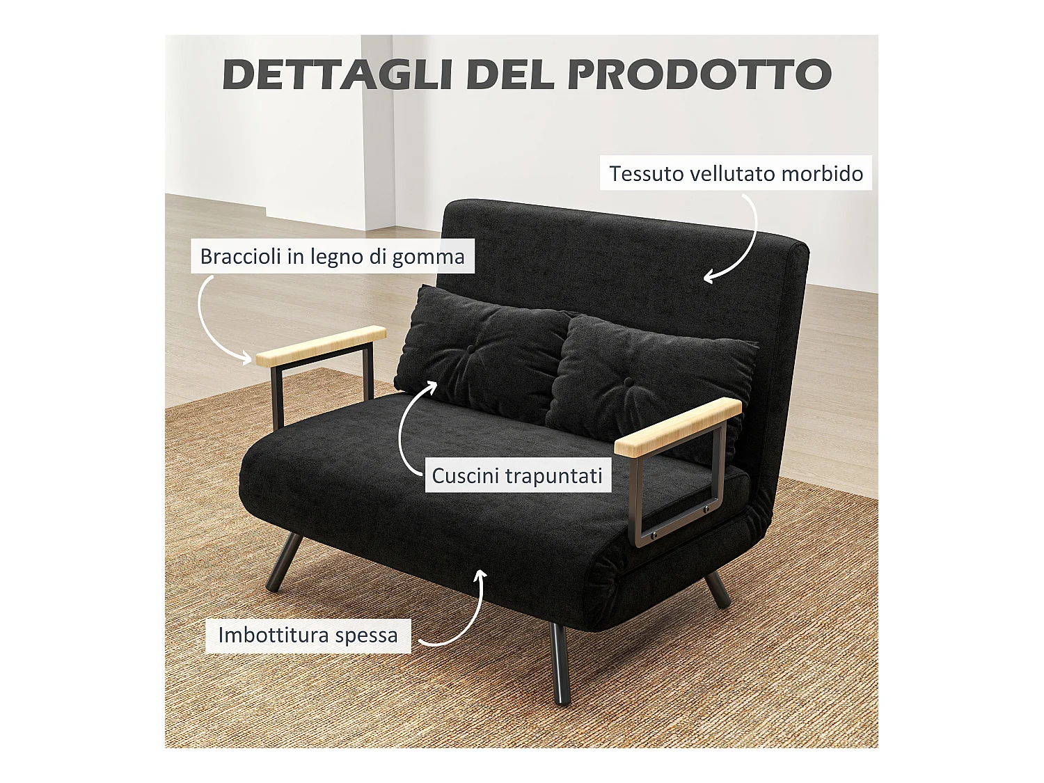 Divano letto 3 in 1 vellutato con schienale regolabile 5 livelli nero