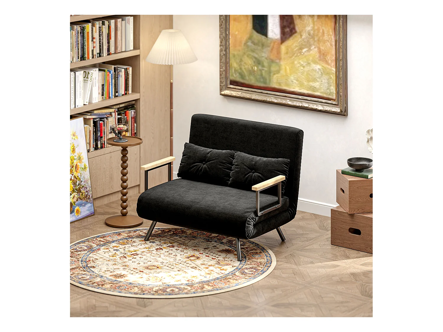 Divano letto 3 in 1 vellutato con schienale regolabile 5 livelli nero