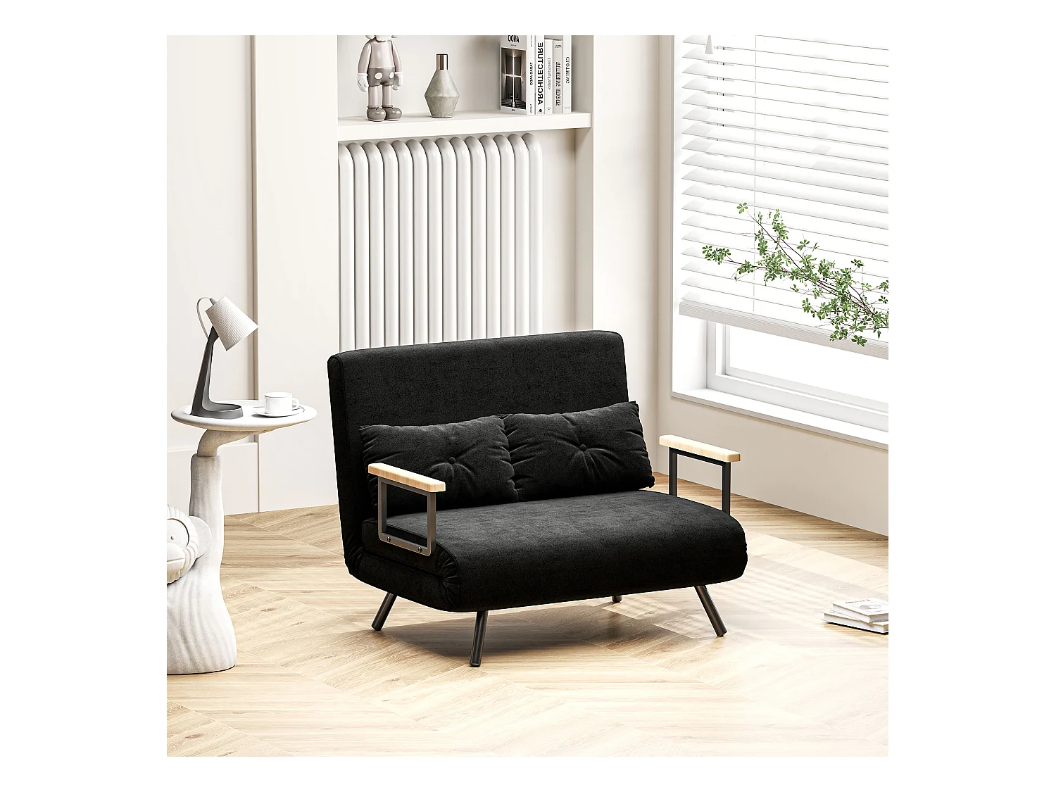 Divano letto 3 in 1 vellutato con schienale regolabile 5 livelli nero