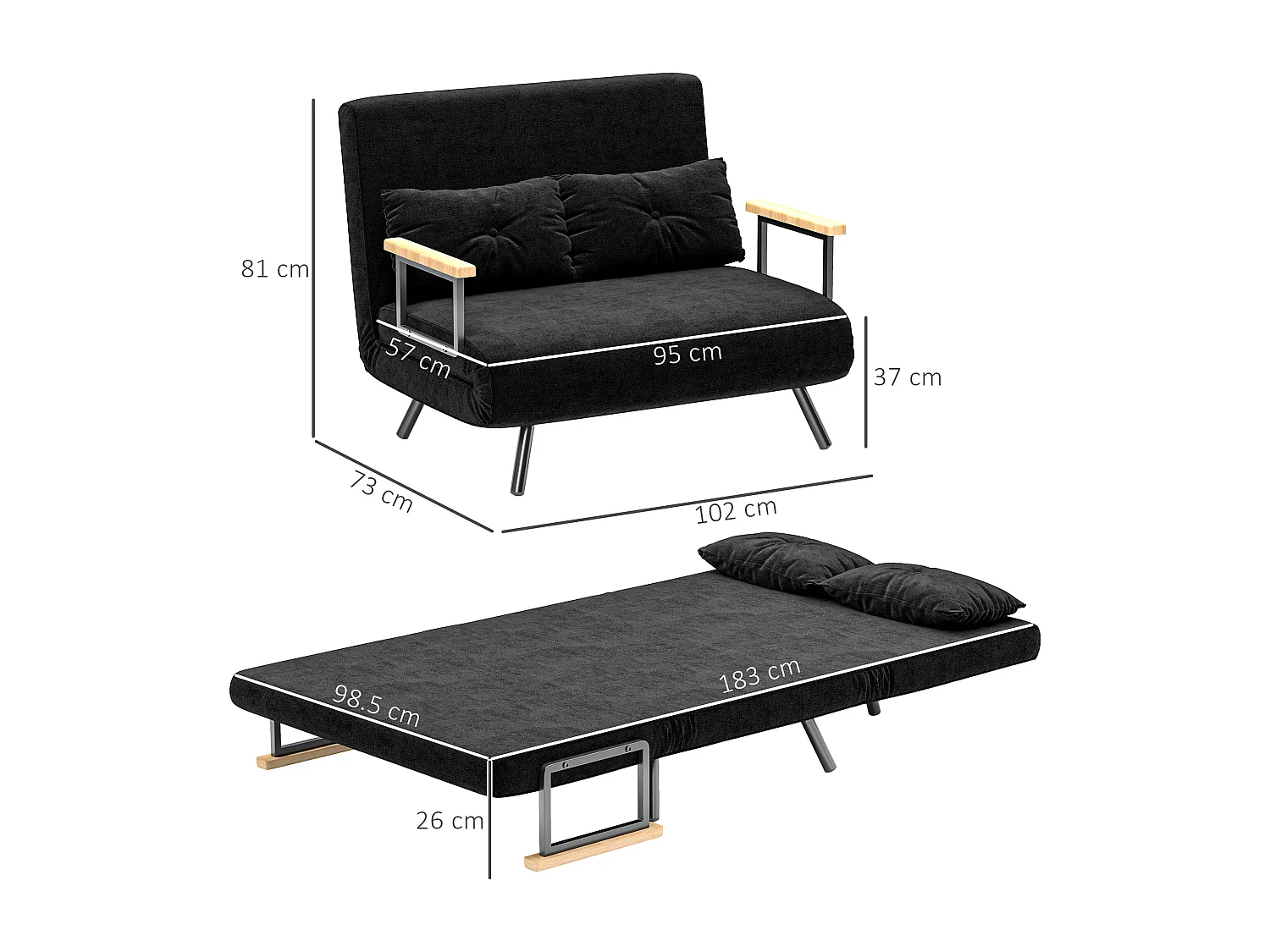 Divano letto 3 in 1 vellutato con schienale regolabile 5 livelli nero