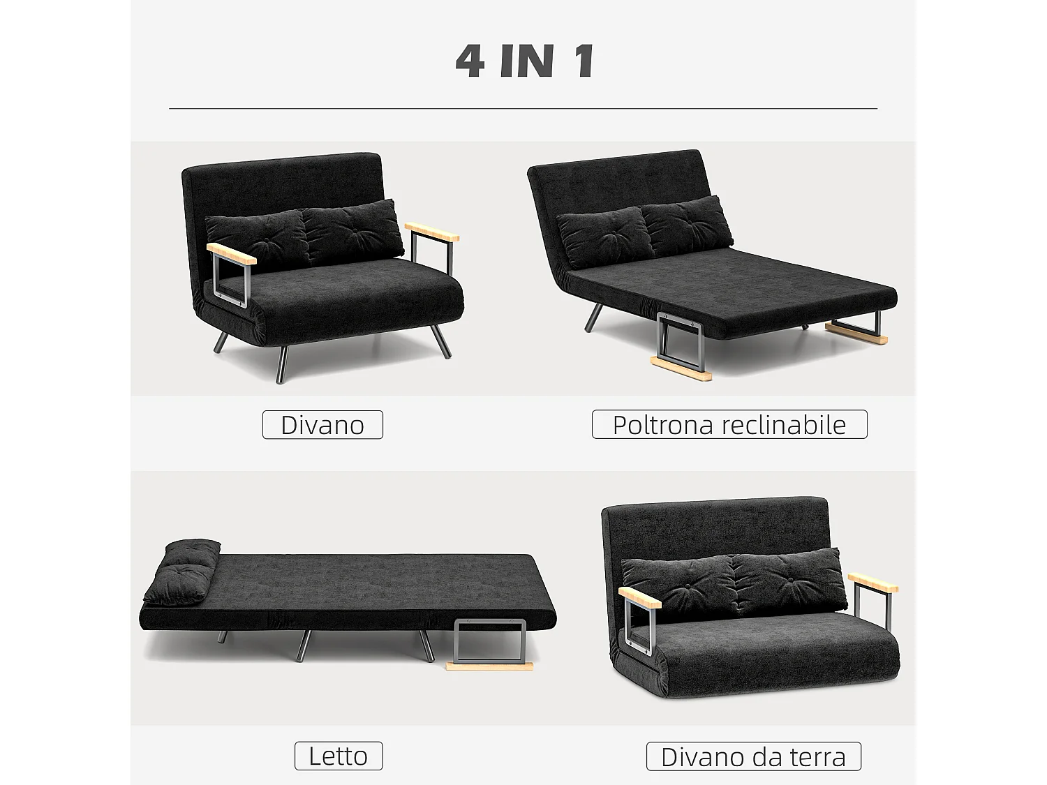 Divano letto 3 in 1 vellutato con schienale regolabile 5 livelli nero