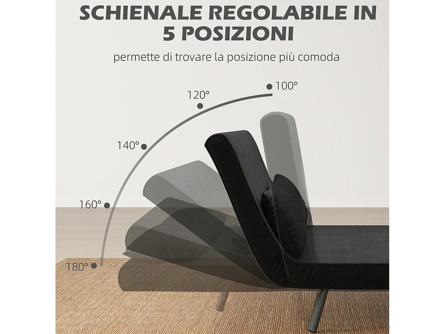 Divano letto 3 in 1 vellutato con schienale regolabile 5 livelli nero