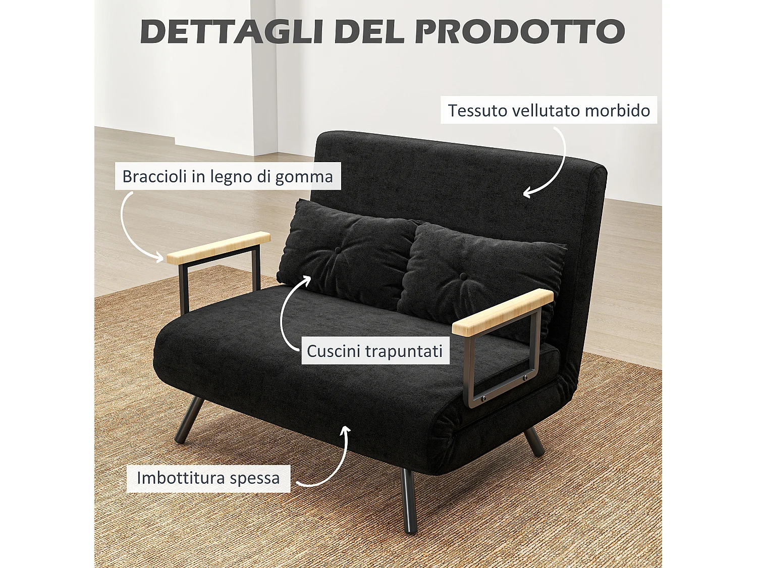 Divano letto 3 in 1 vellutato con schienale regolabile 5 livelli nero