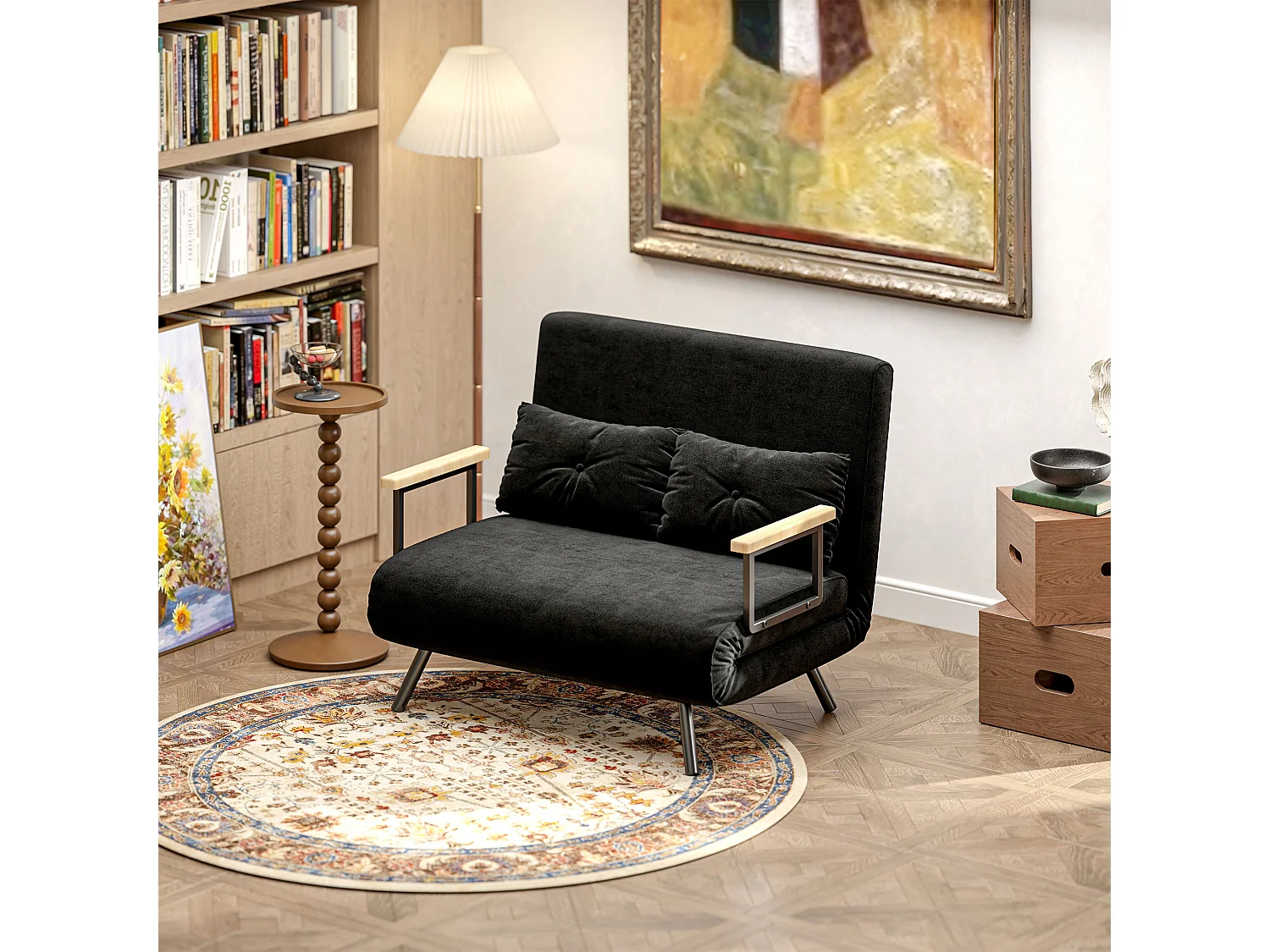 Divano letto 3 in 1 vellutato con schienale regolabile 5 livelli nero