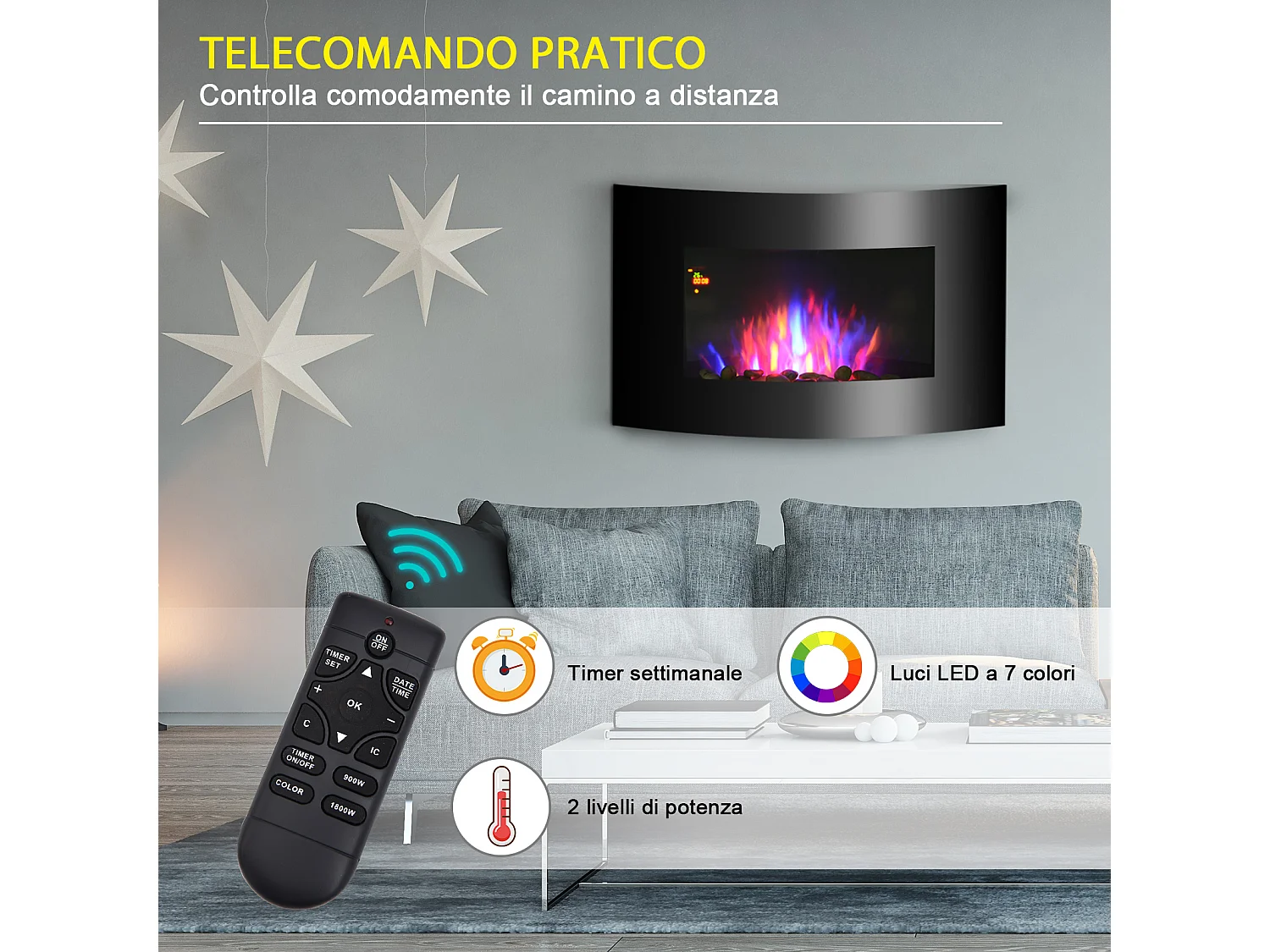 Caminetto elettrico con effetto fiamma colorata in acciaio e vetro