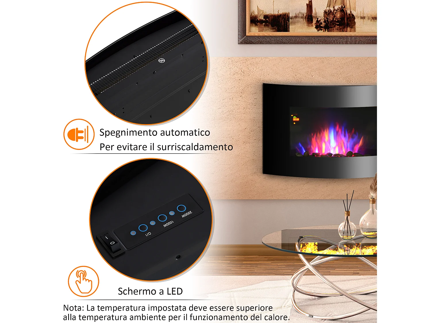 Caminetto elettrico con effetto fiamma colorata in acciaio e vetro