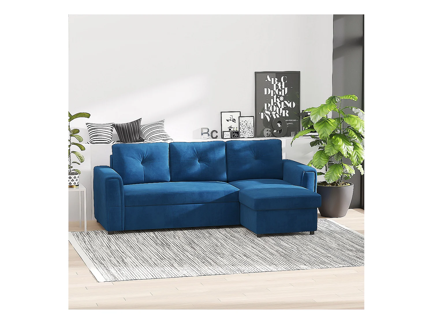 Divano letto 3  posti e chaise longue con contenitore in velluto