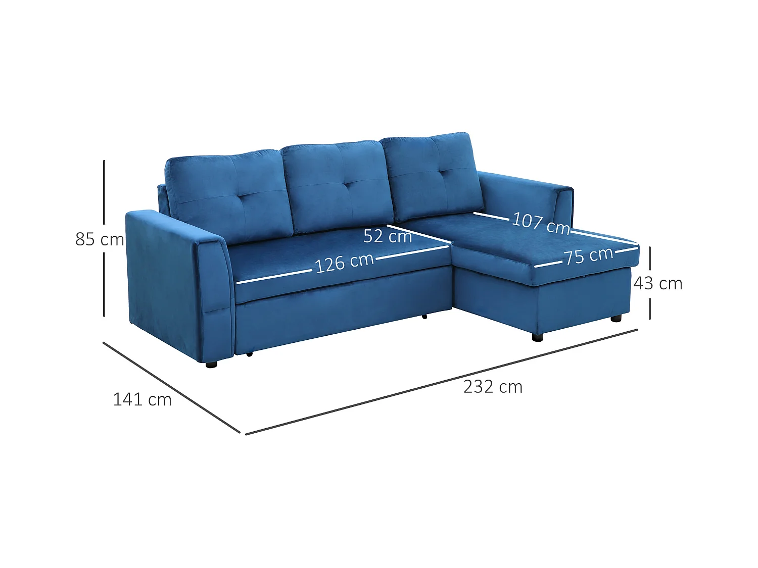 Divano letto 3  posti e chaise longue con contenitore in velluto