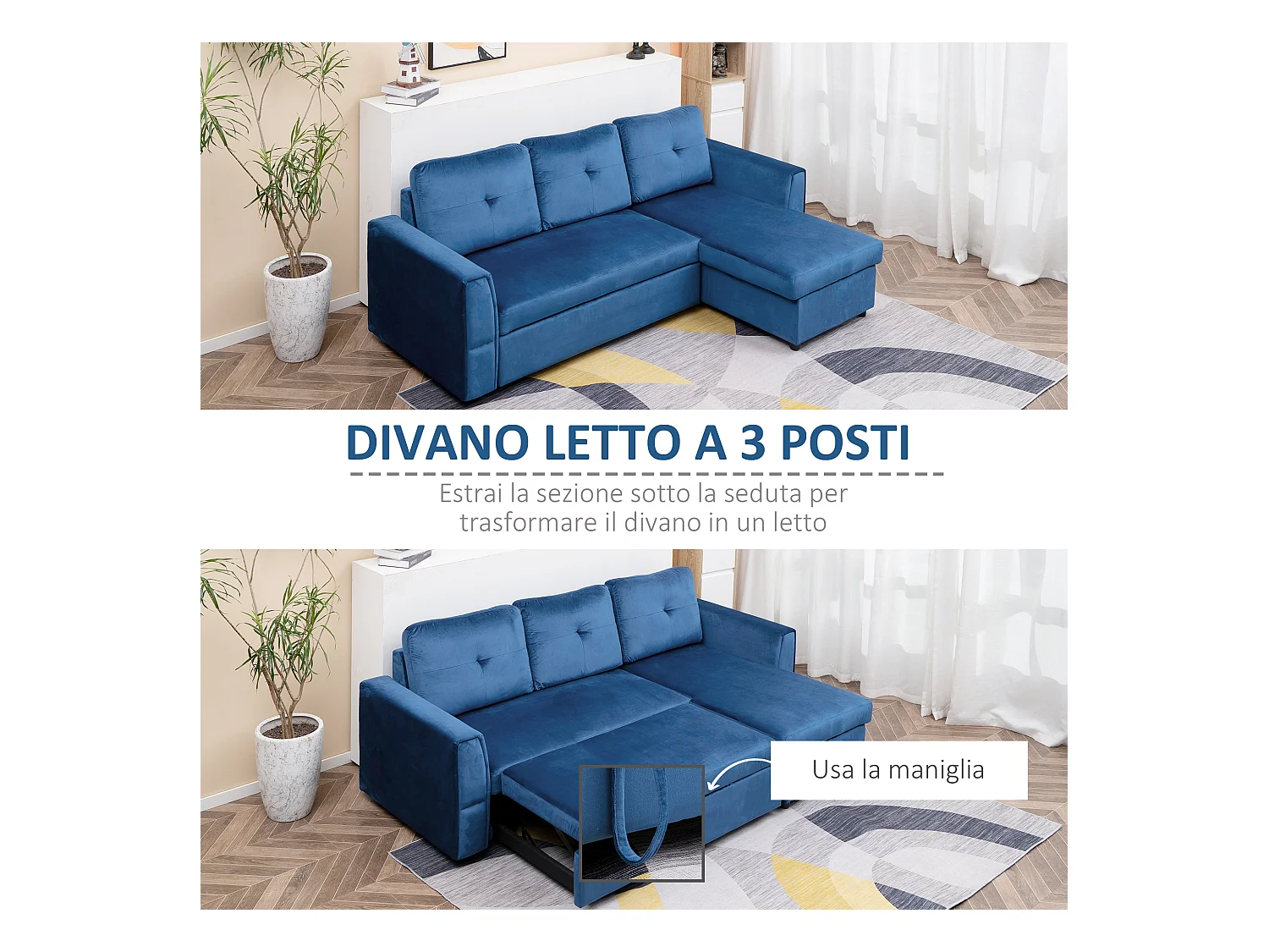 Divano letto 3  posti e chaise longue con contenitore in velluto