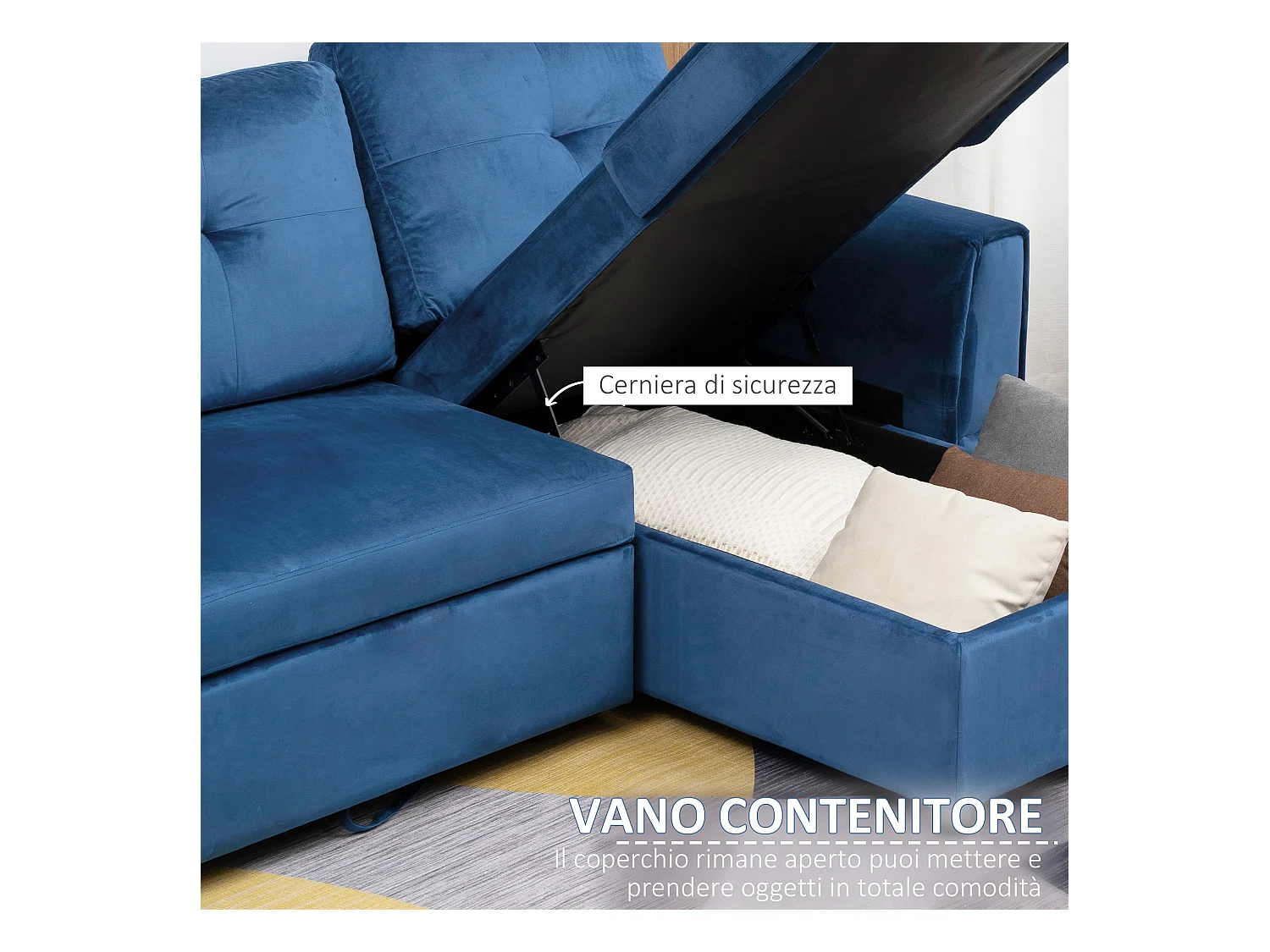 Divano letto 3  posti e chaise longue con contenitore in velluto