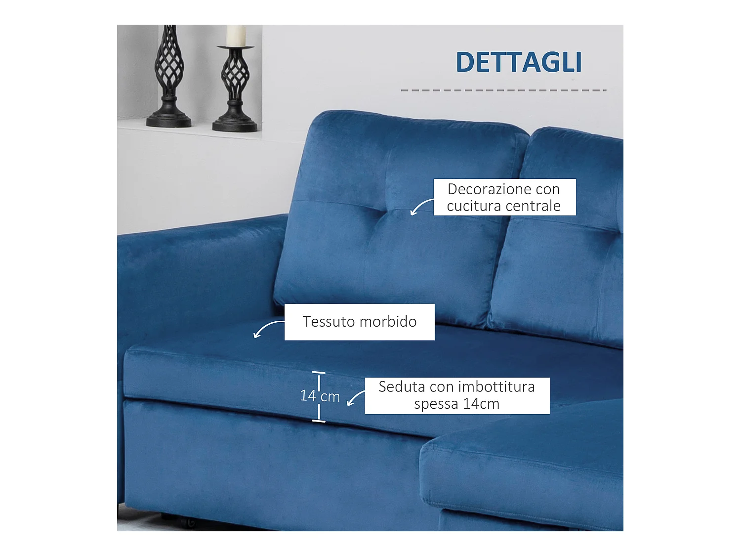Divano letto 3  posti e chaise longue con contenitore in velluto