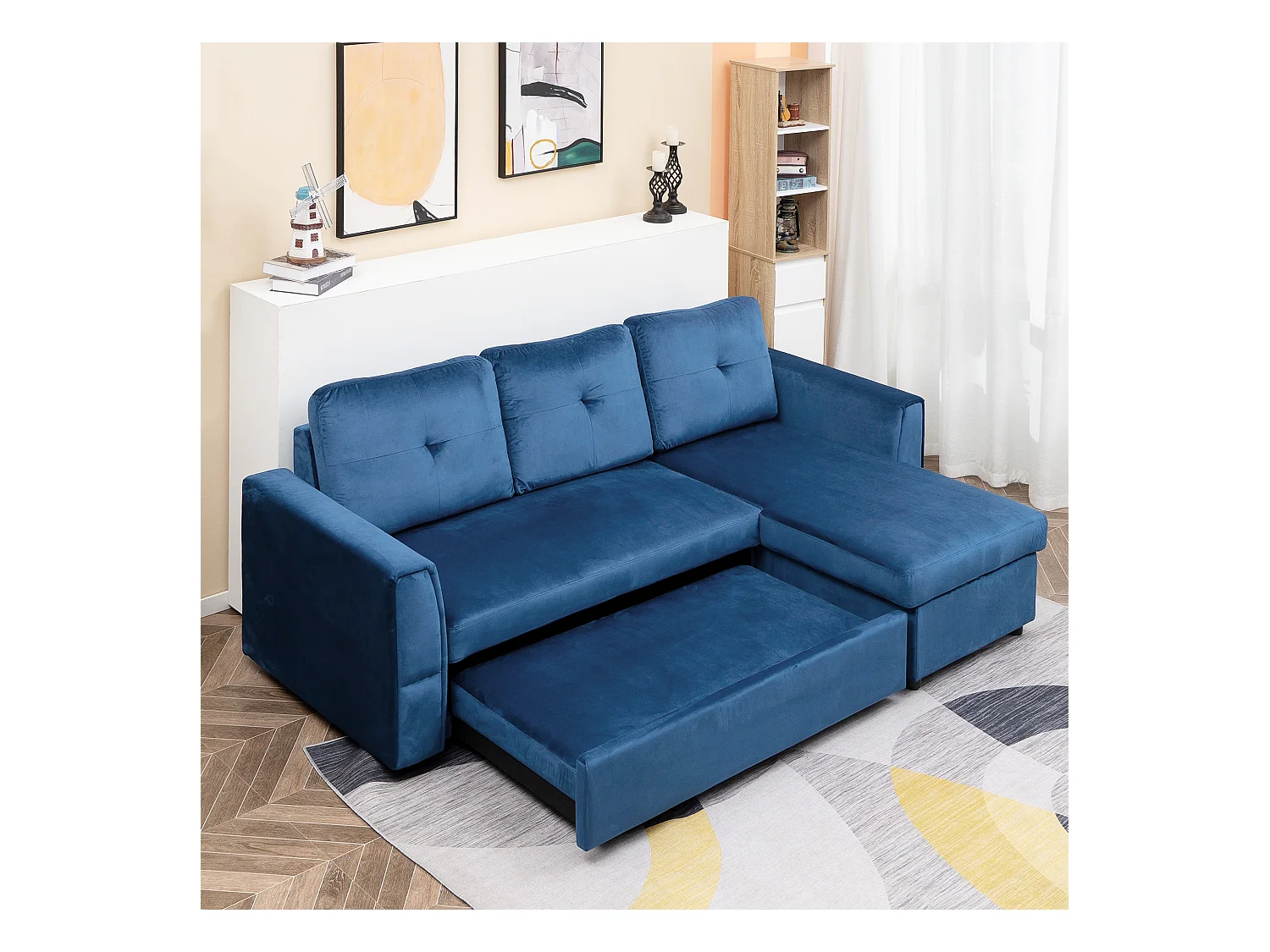 Divano letto 3  posti e chaise longue con contenitore in velluto