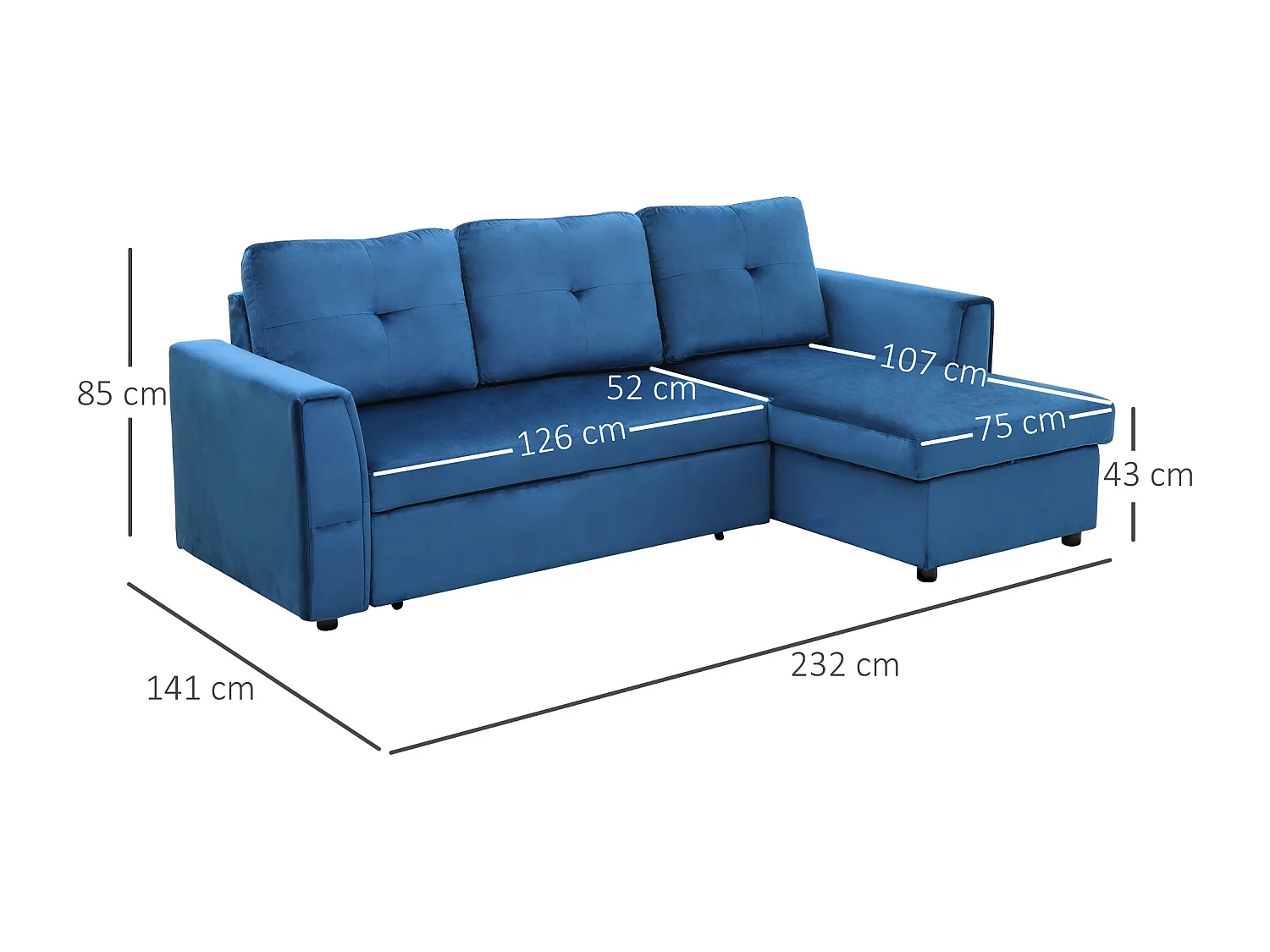 Divano letto 3  posti e chaise longue con contenitore in velluto