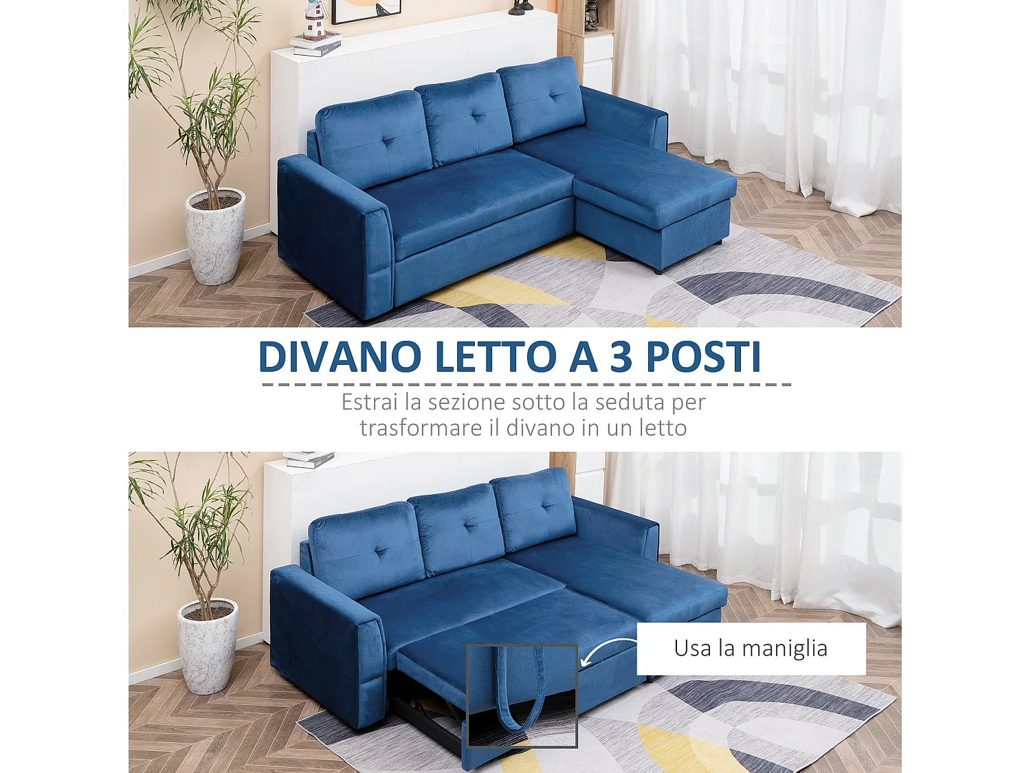 Divano letto 3  posti e chaise longue con contenitore in velluto