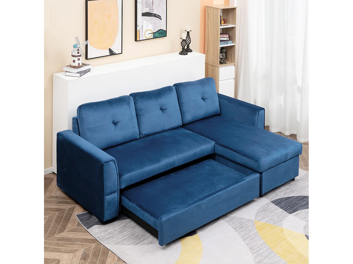 Divano letto 3  posti e chaise longue con contenitore in velluto
