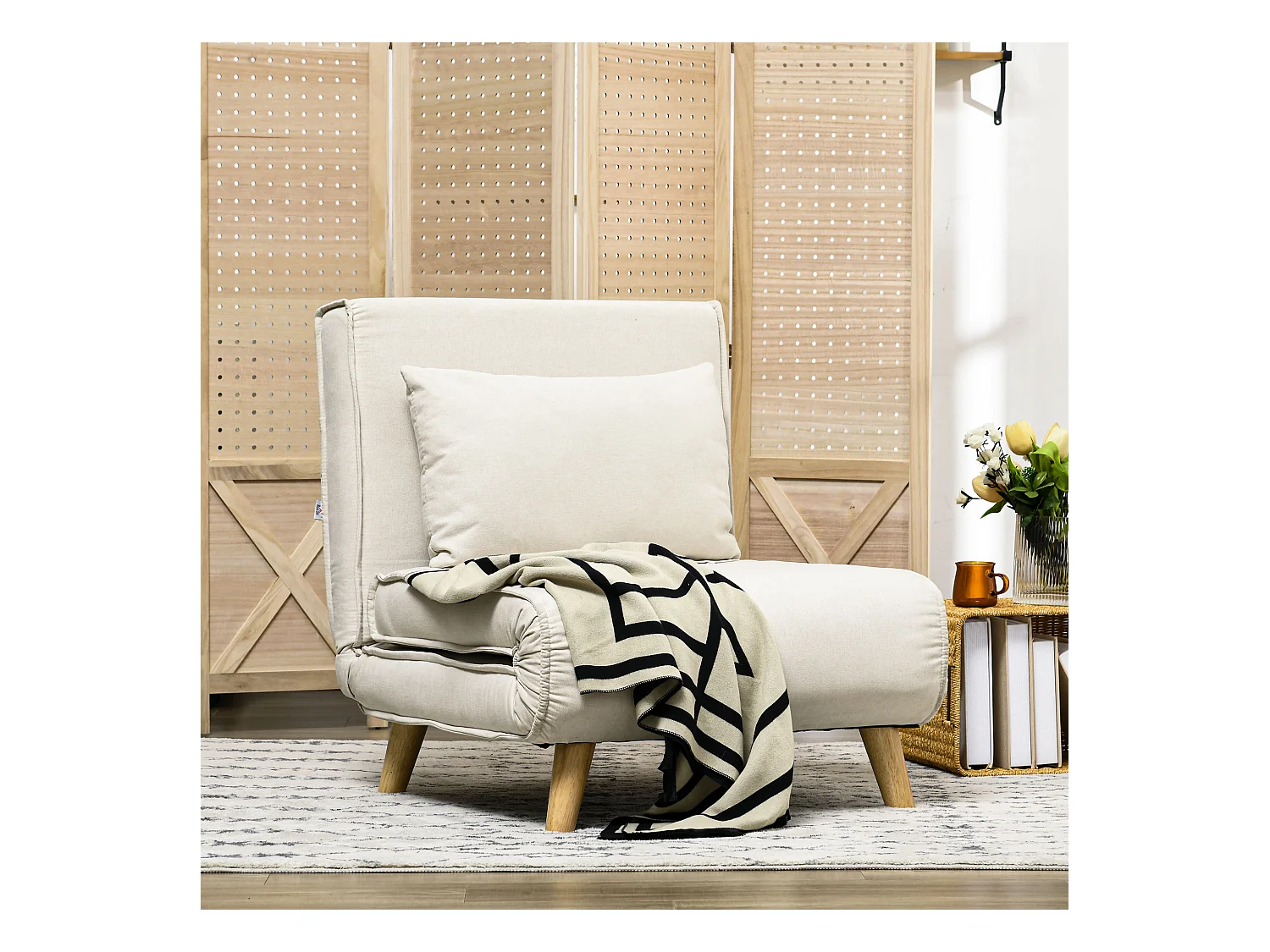 Poltrona letto 2 in 1 con schienale regolabile e cuscino legno e beige