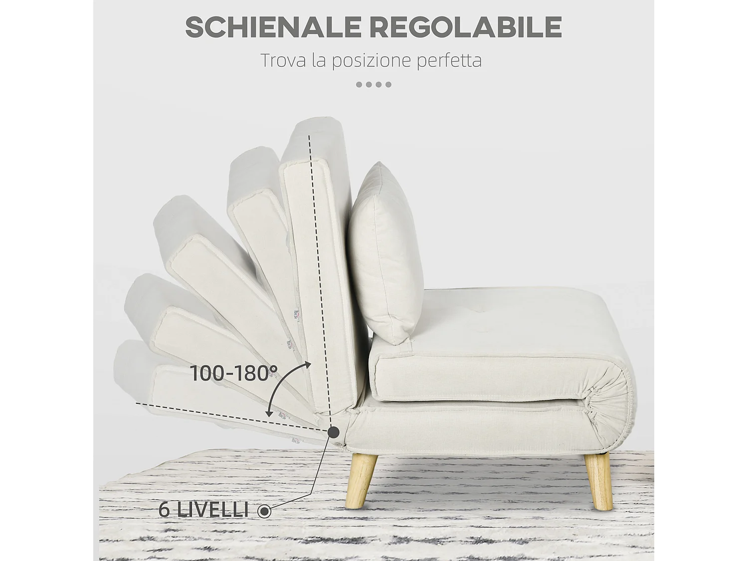 Poltrona letto 2 in 1 con schienale regolabile e cuscino legno e beige