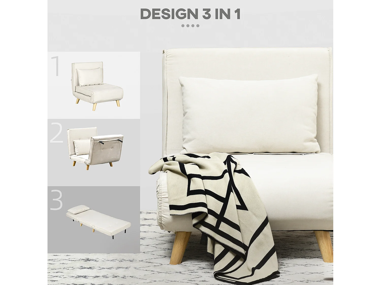 Poltrona letto 2 in 1 con schienale regolabile e cuscino legno e beige