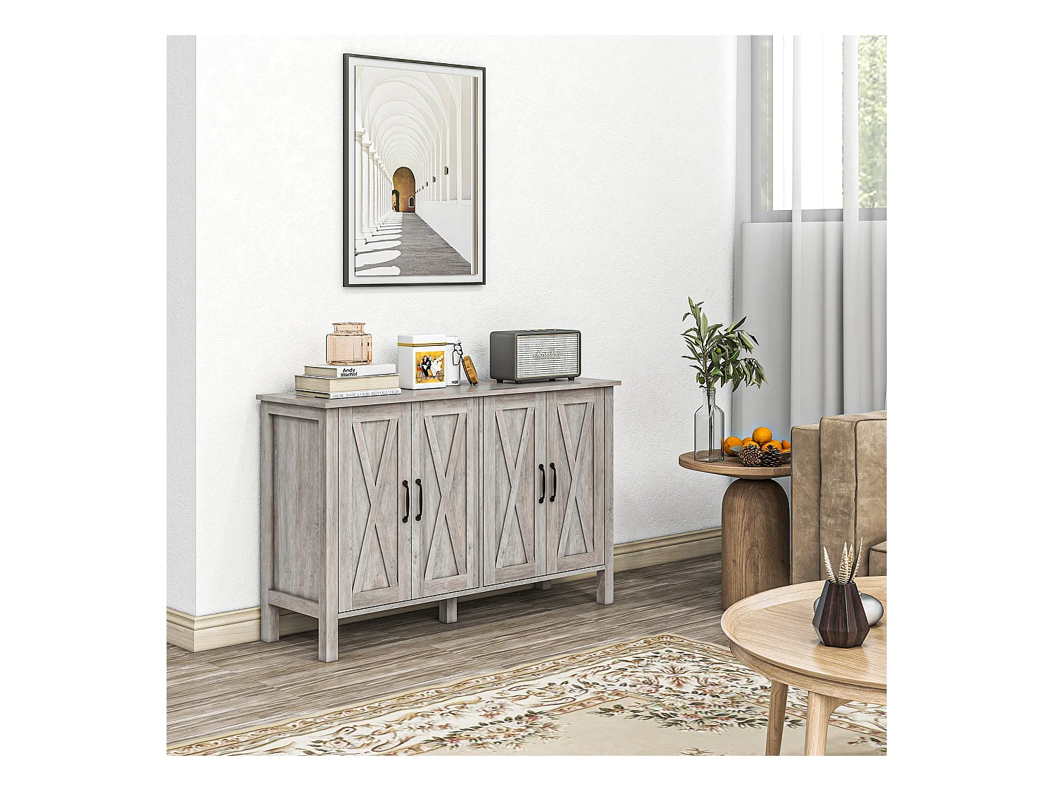 Mobiletto multiuso rustico con 4 ripiani portaoggetti in legno grigio