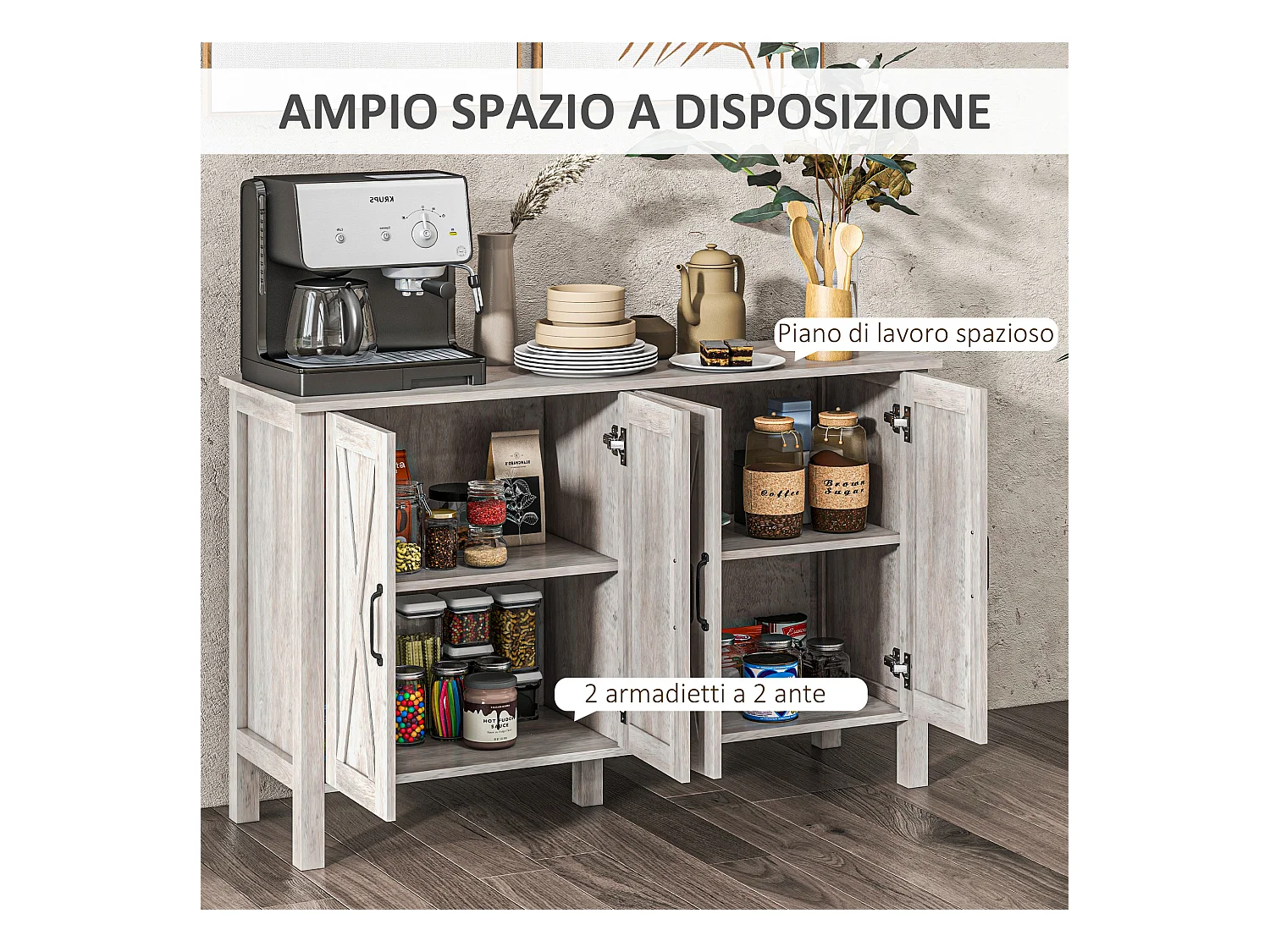 Mobiletto multiuso rustico con 4 ripiani portaoggetti in legno grigio
