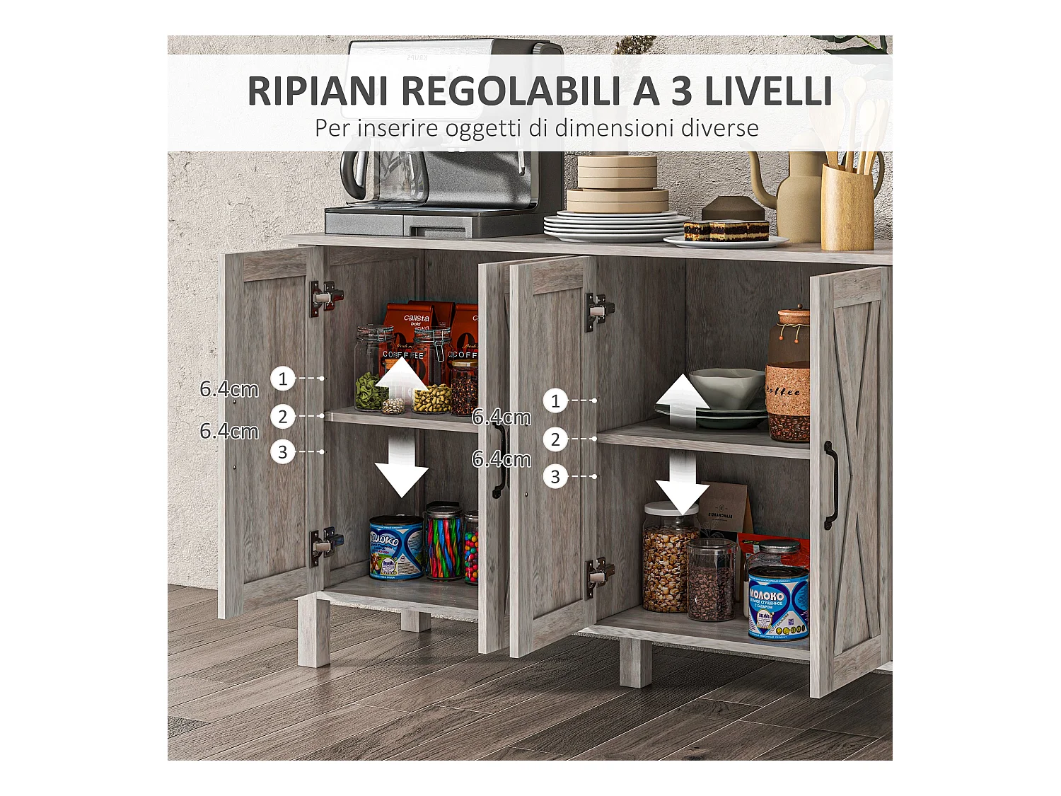 Mobiletto multiuso rustico con 4 ripiani portaoggetti in legno grigio