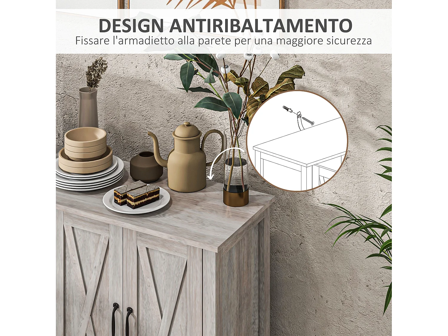 Mobiletto multiuso rustico con 4 ripiani portaoggetti in legno grigio