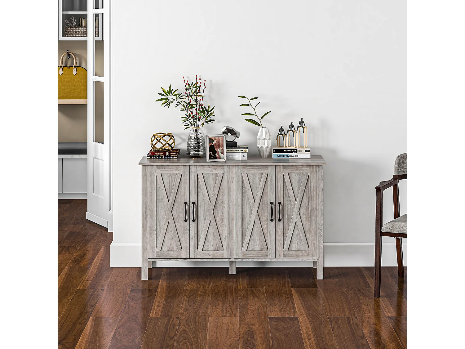 Mobiletto multiuso rustico con 4 ripiani portaoggetti in legno grigio