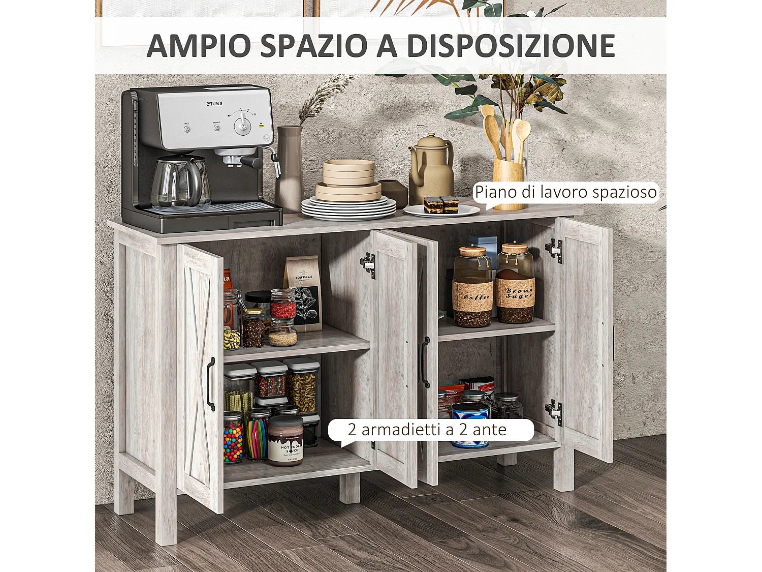 Mobiletto multiuso rustico con 4 ripiani portaoggetti in legno grigio