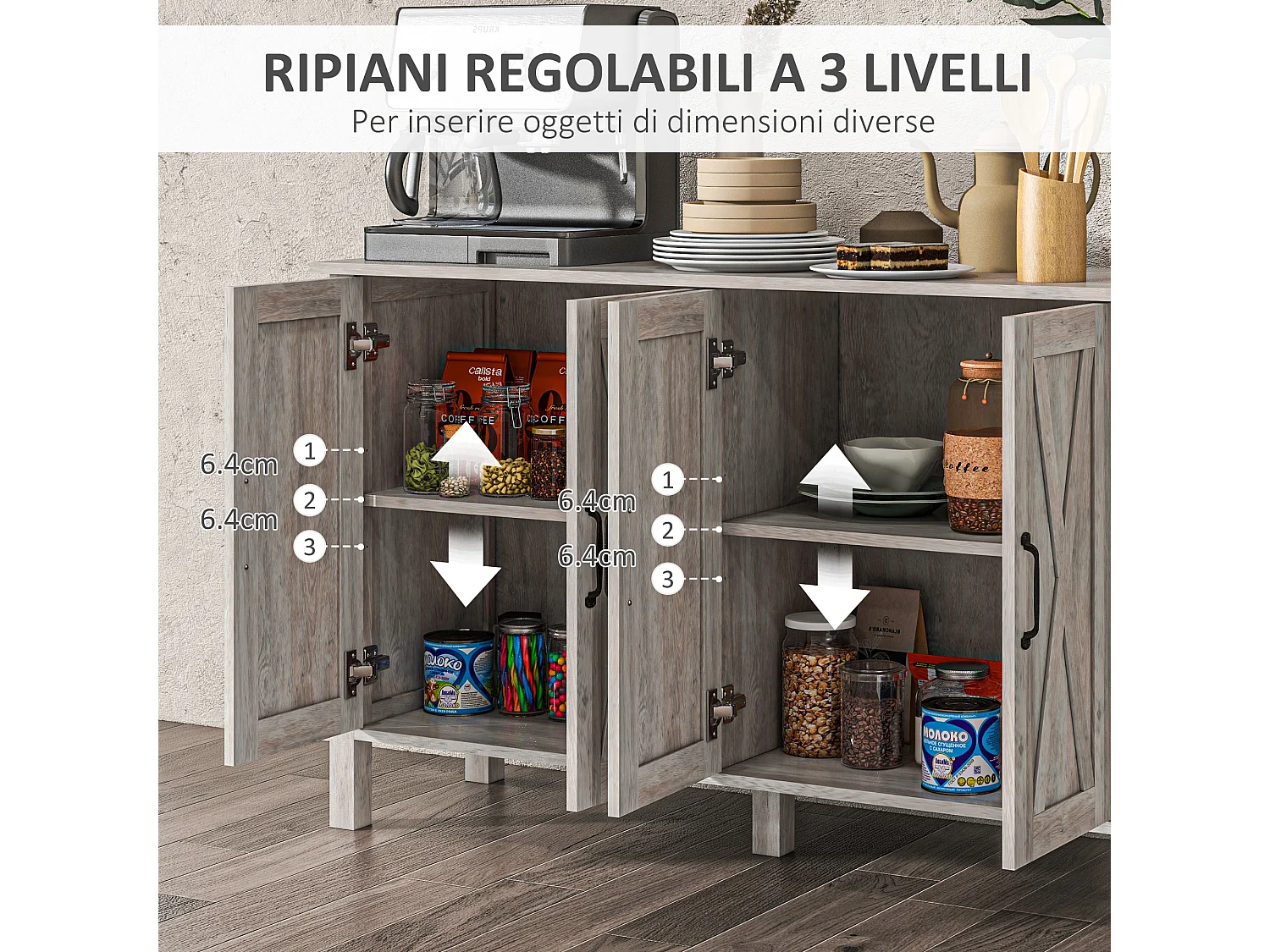 Mobiletto multiuso rustico con 4 ripiani portaoggetti in legno grigio