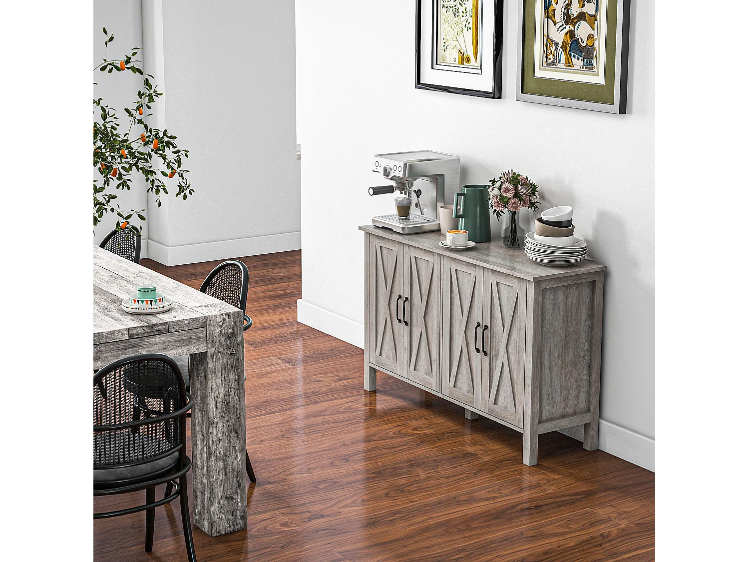 Mobiletto multiuso rustico con 4 ripiani portaoggetti in legno grigio