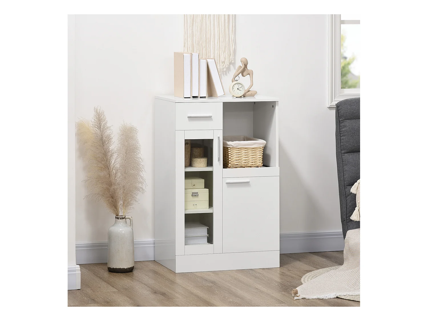 Credenza moderna con armadietti e cassetto legno e vetro bianco