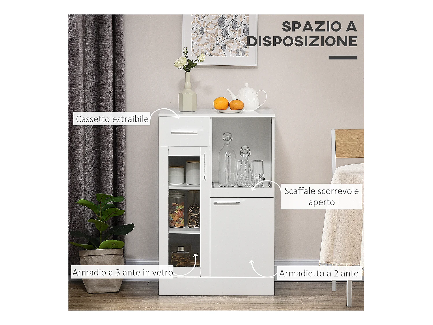 Credenza moderna con armadietti e cassetto legno e vetro bianco