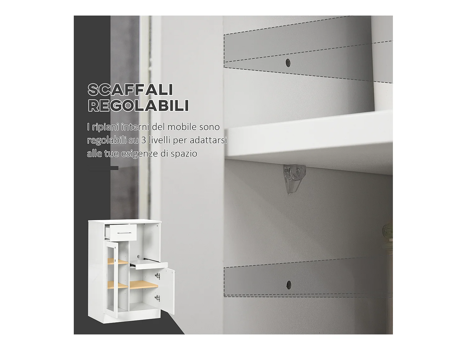Credenza moderna con armadietti e cassetto legno e vetro bianco