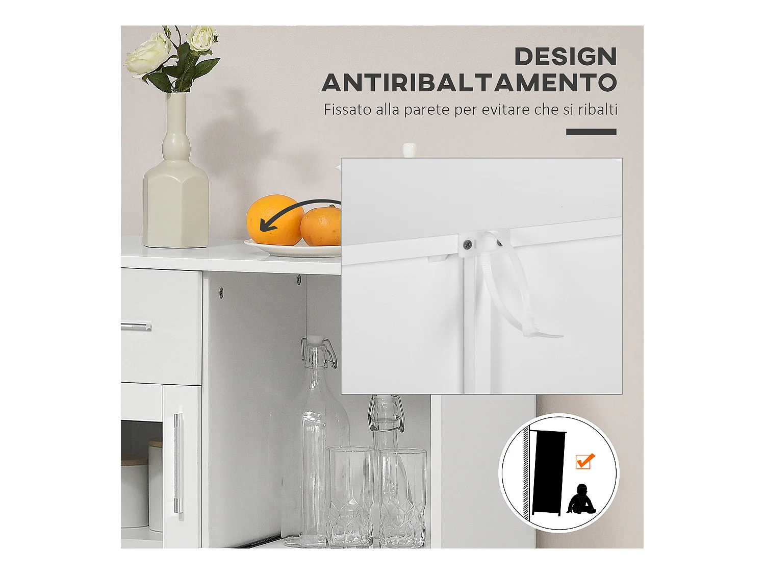 Credenza moderna con armadietti e cassetto legno e vetro bianco