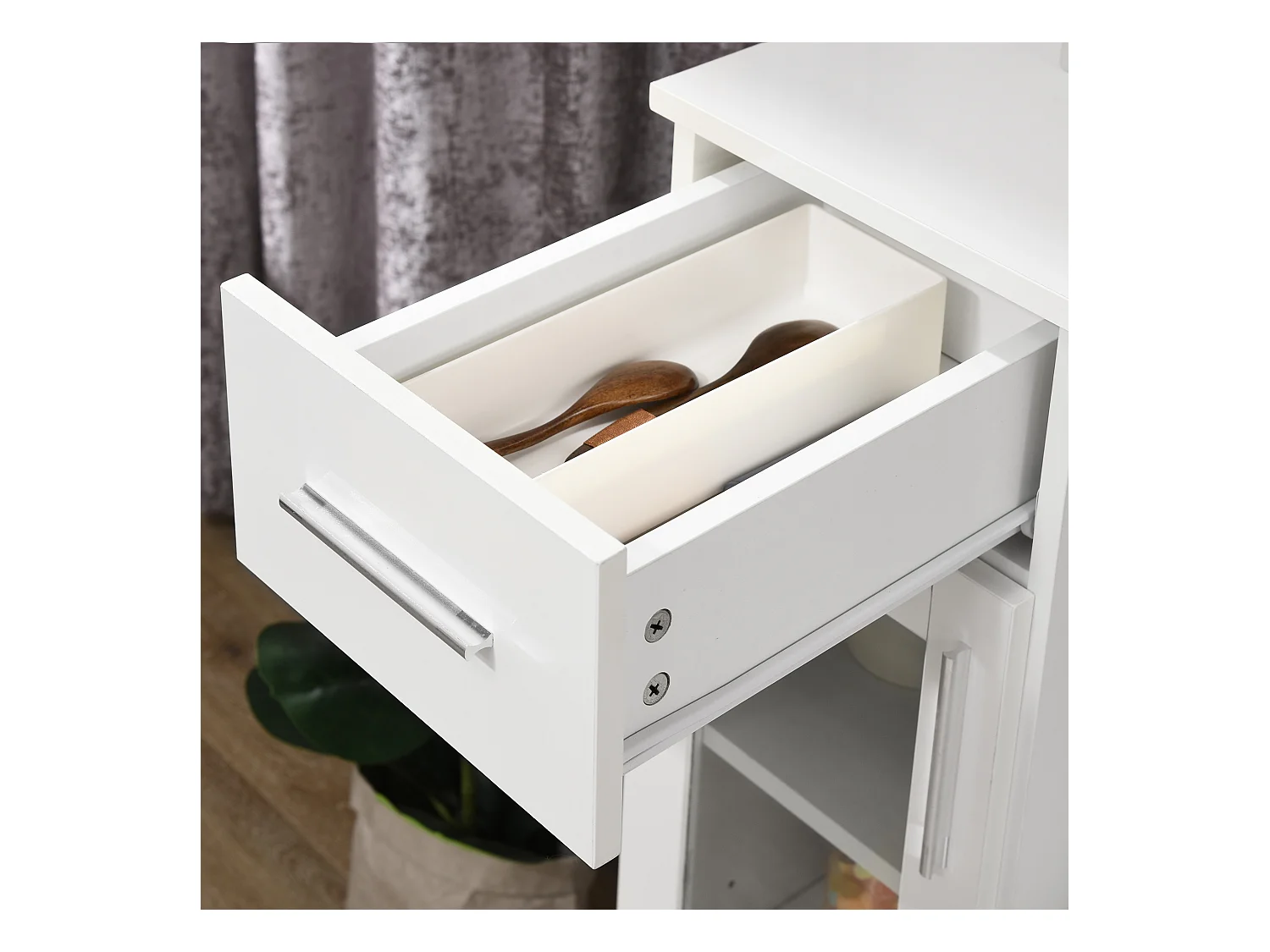 Credenza moderna con armadietti e cassetto legno e vetro bianco