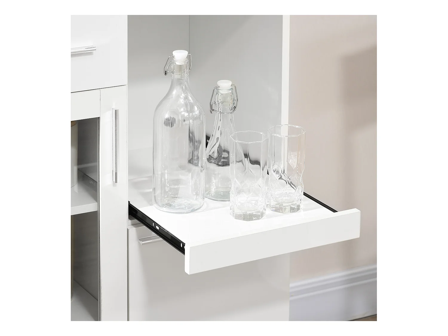 Credenza moderna con armadietti e cassetto legno e vetro bianco