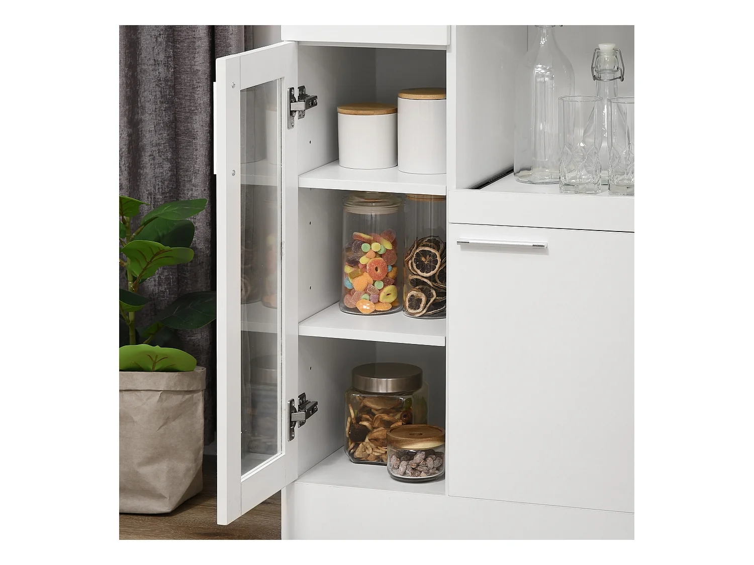 Credenza moderna con armadietti e cassetto legno e vetro bianco