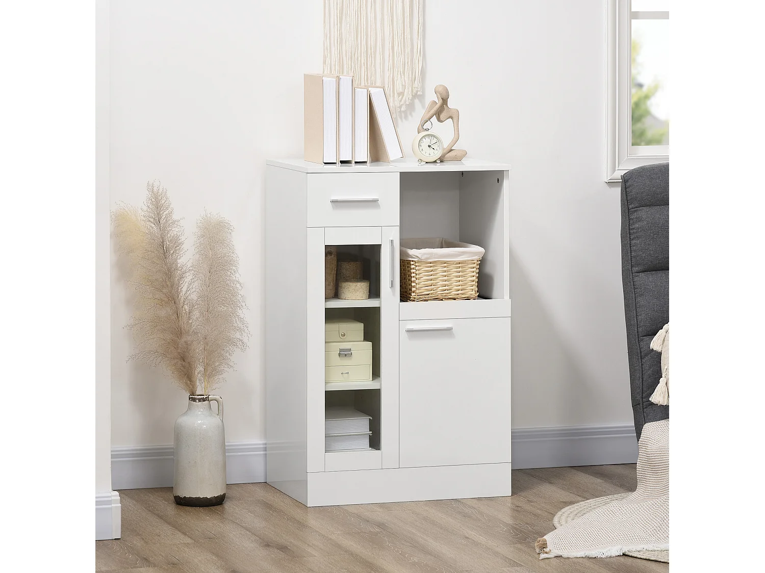 Credenza moderna con armadietti e cassetto legno e vetro bianco