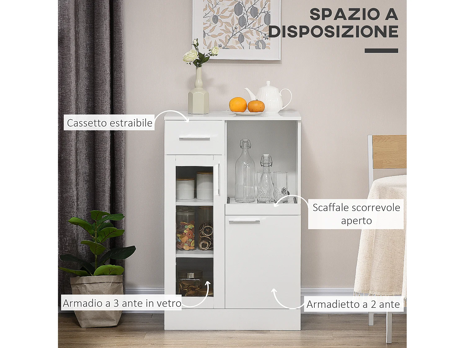 Credenza moderna con armadietti e cassetto legno e vetro bianco