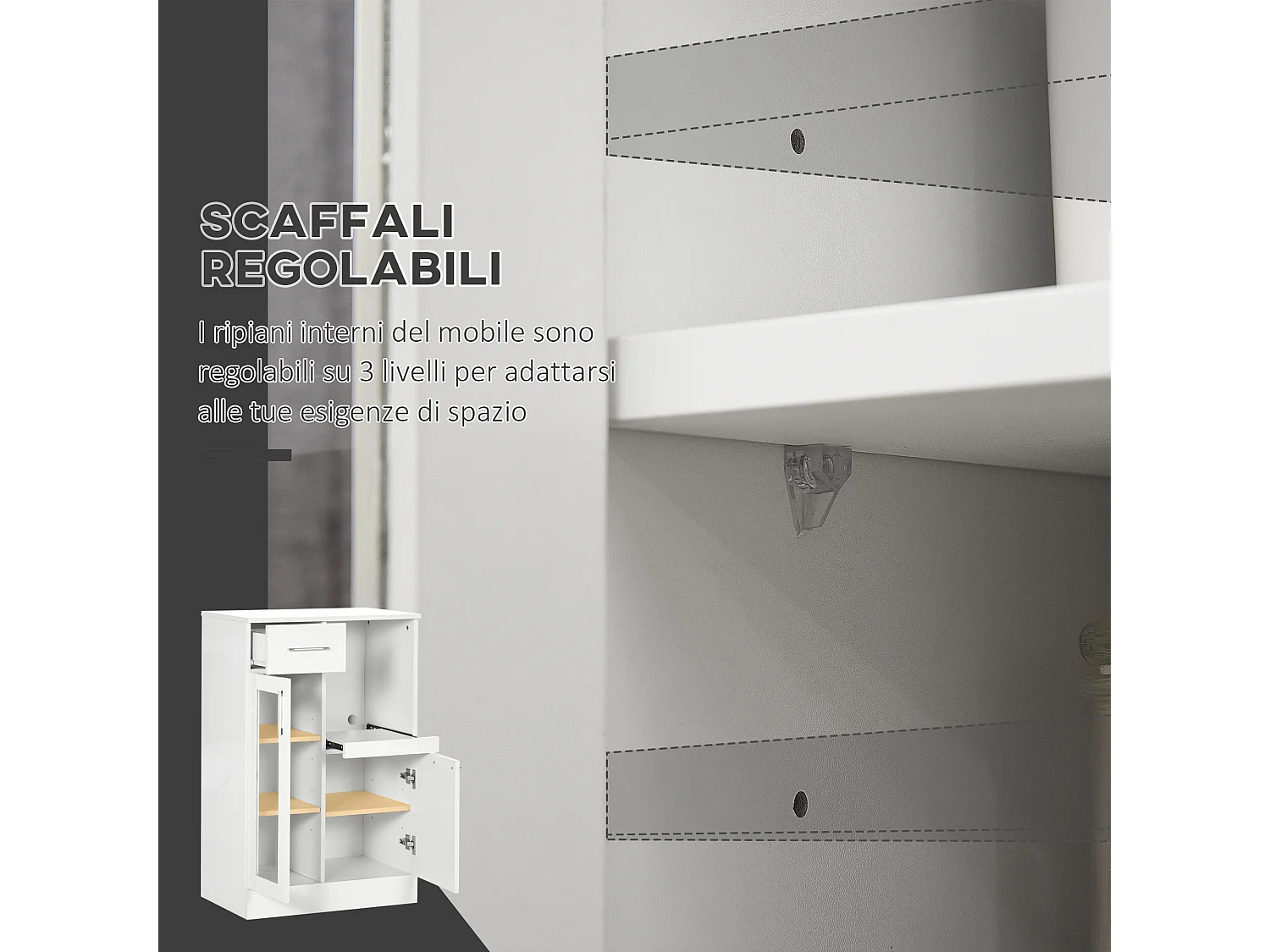 Credenza moderna con armadietti e cassetto legno e vetro bianco