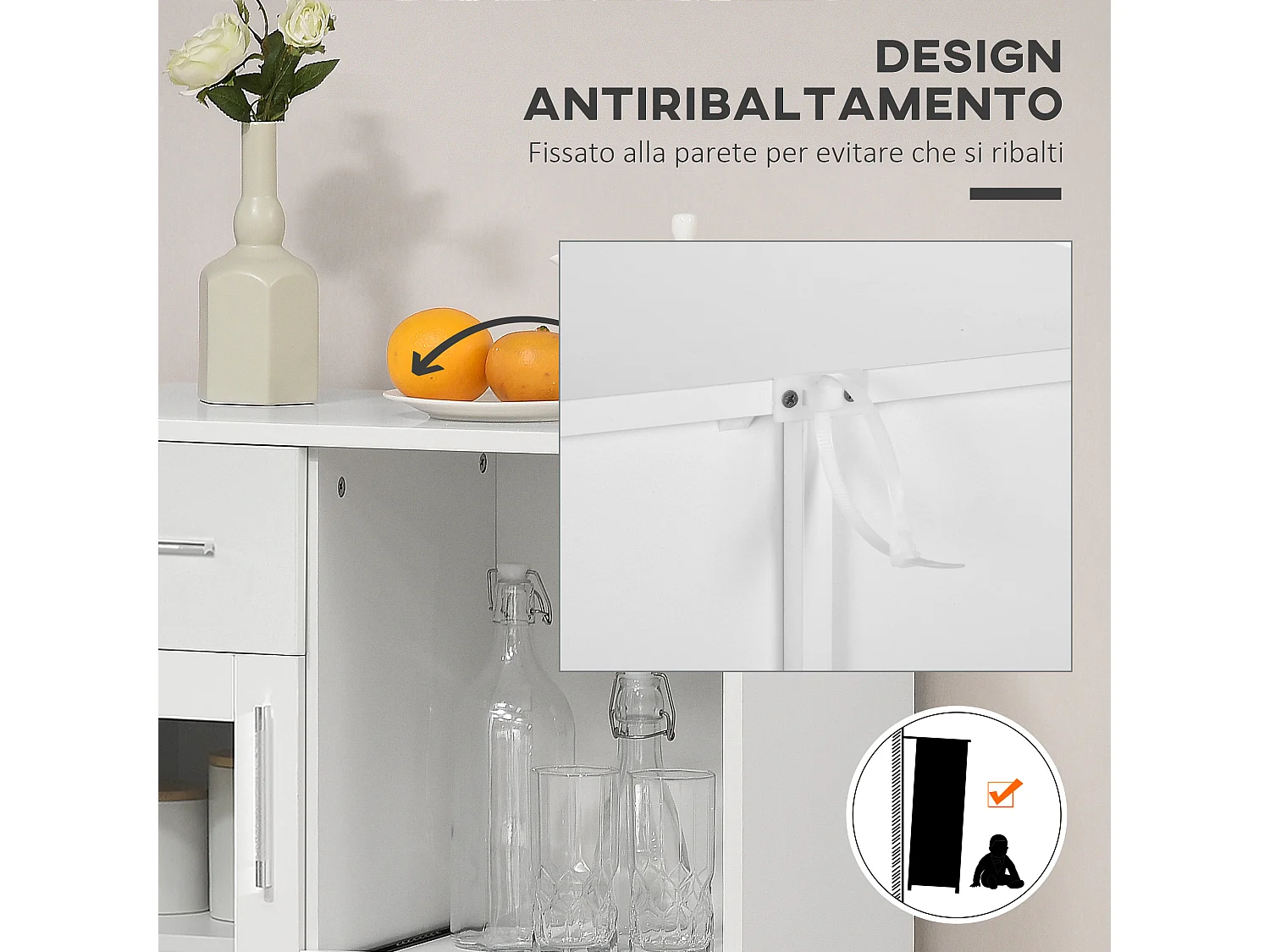 Credenza moderna con armadietti e cassetto legno e vetro bianco