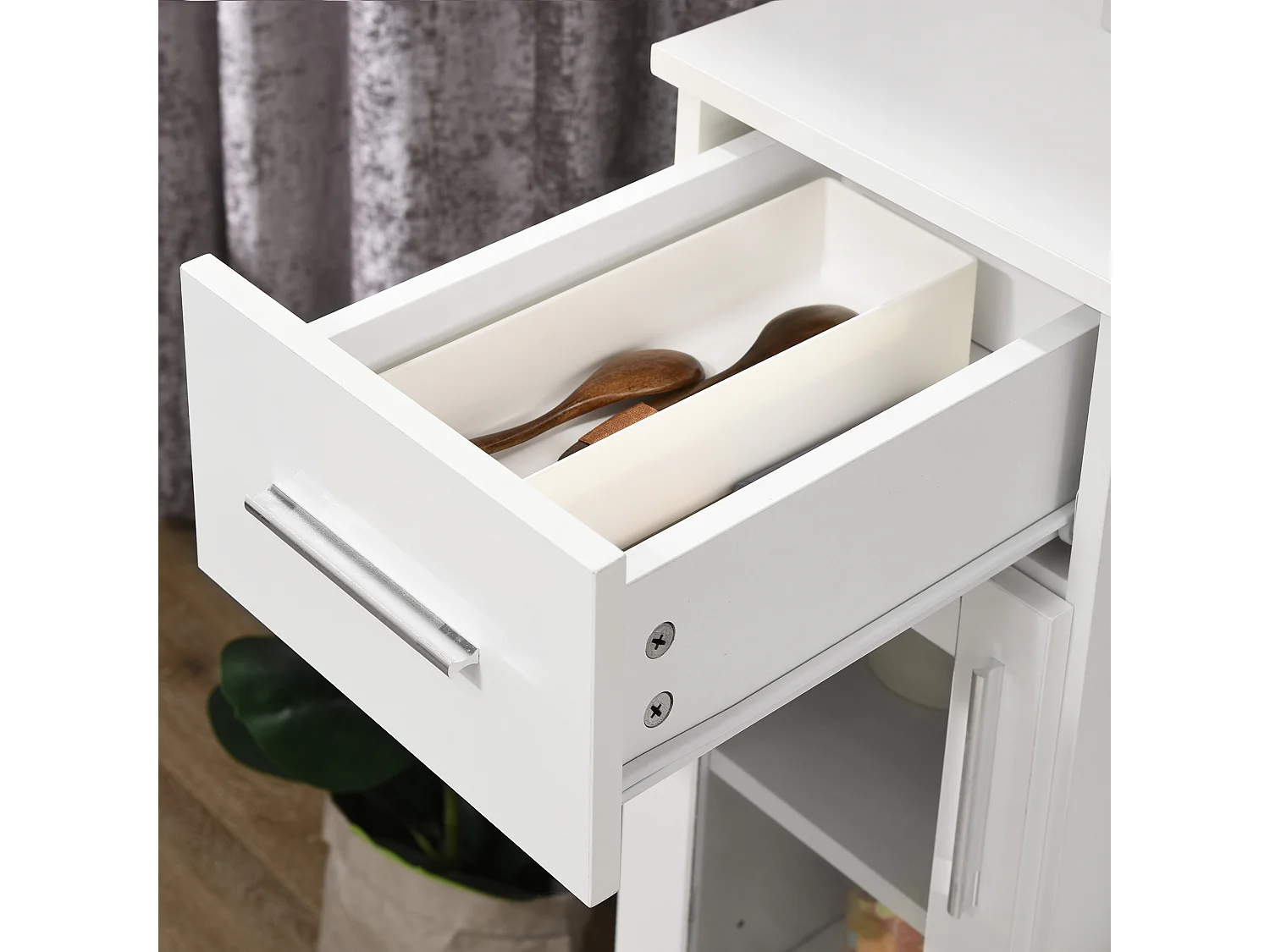 Credenza moderna con armadietti e cassetto legno e vetro bianco