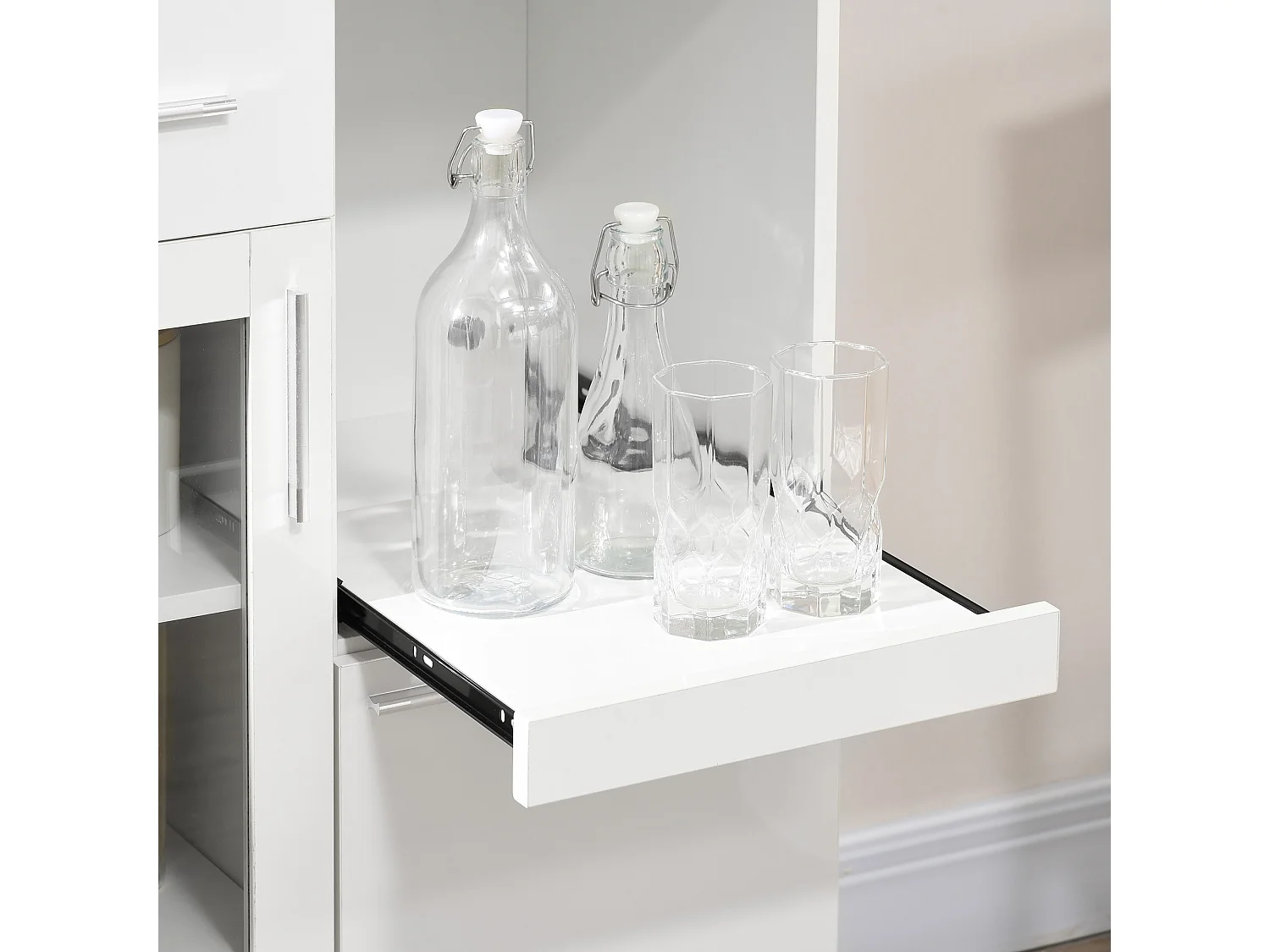 Credenza moderna con armadietti e cassetto legno e vetro bianco