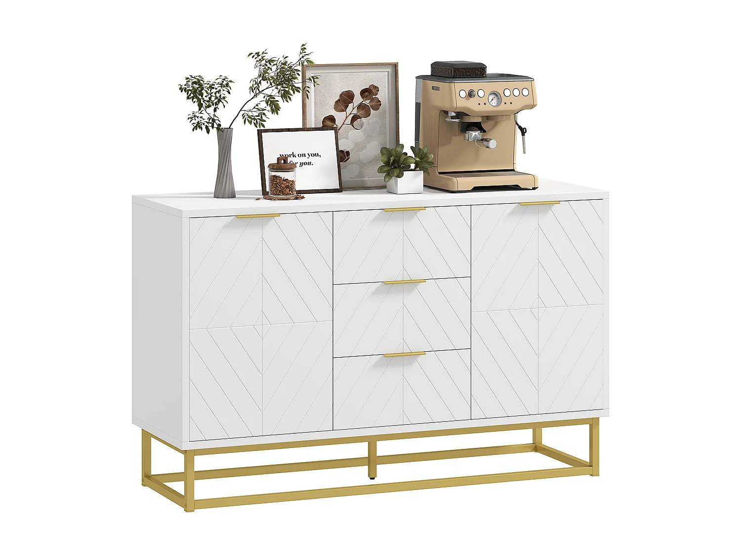 Credenza moderna bassa con 3 cassetti e 2 armadietti bianco e oro